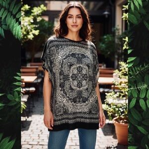 Woman’s oversized boxy fit Mandala graphic print black and white blouse